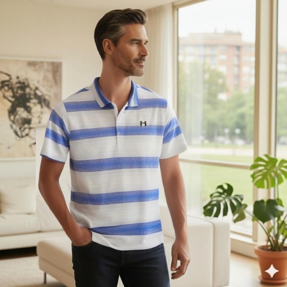 Under Armour Playoff Polo Men's Blue and White Striped Shirt XXL (AT-08) - Picture 1 of 7